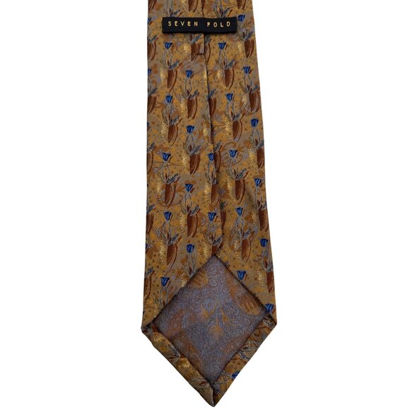 Seven Fold Handsewn Finest Silk Tie With Floral Pattern In Brown & Blue - Picture 4 of 5